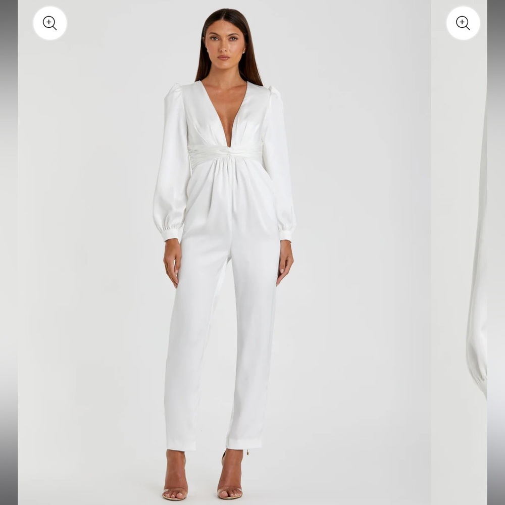 IEENA FOR MAC DUGGAL White Front Twist Puff Sleeve Deep V Jumpsuit